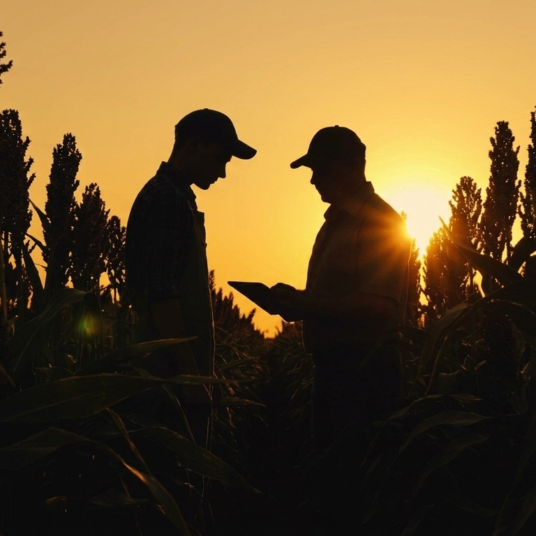 Silhouette de deux agriculteurs travaillant dans un champ au coucher du soleil, consultant une tablette numérique pour analyser les récoltes, symbolisant l'alliance entre tradition et innovation - Sainte Harmonie, Baijiu Français.