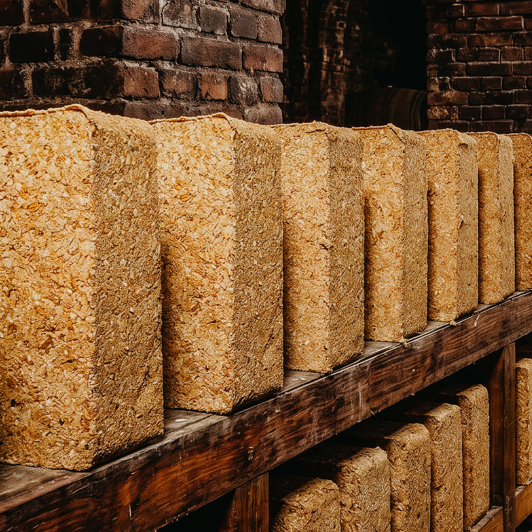 Alignement de blocs de Qu traditionnels en cours de maturation sur des étagères en bois dans une cave en briques pour la fermentation du spiritueux - Sainte Harmonie, Baijiu Français.