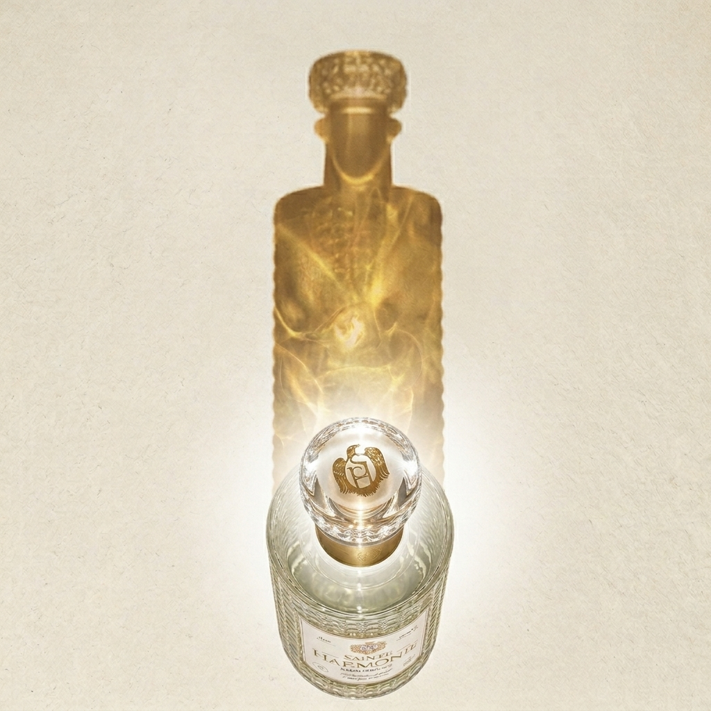 Vue zénithale d'un flacon de prestige en verre ciselé projetant une ombre lumineuse et dorée en forme de silhouette sur un fond texturé beige - Sainte Harmonie, Baijiu Français.