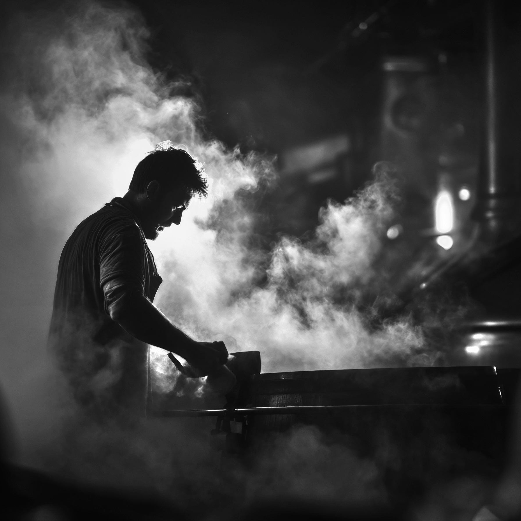 Silhouette en noir et blanc d'un artisan distillateur enveloppé de vapeur dense pendant le processus de distillation traditionnelle - Sainte Harmonie, Baijiu Français.