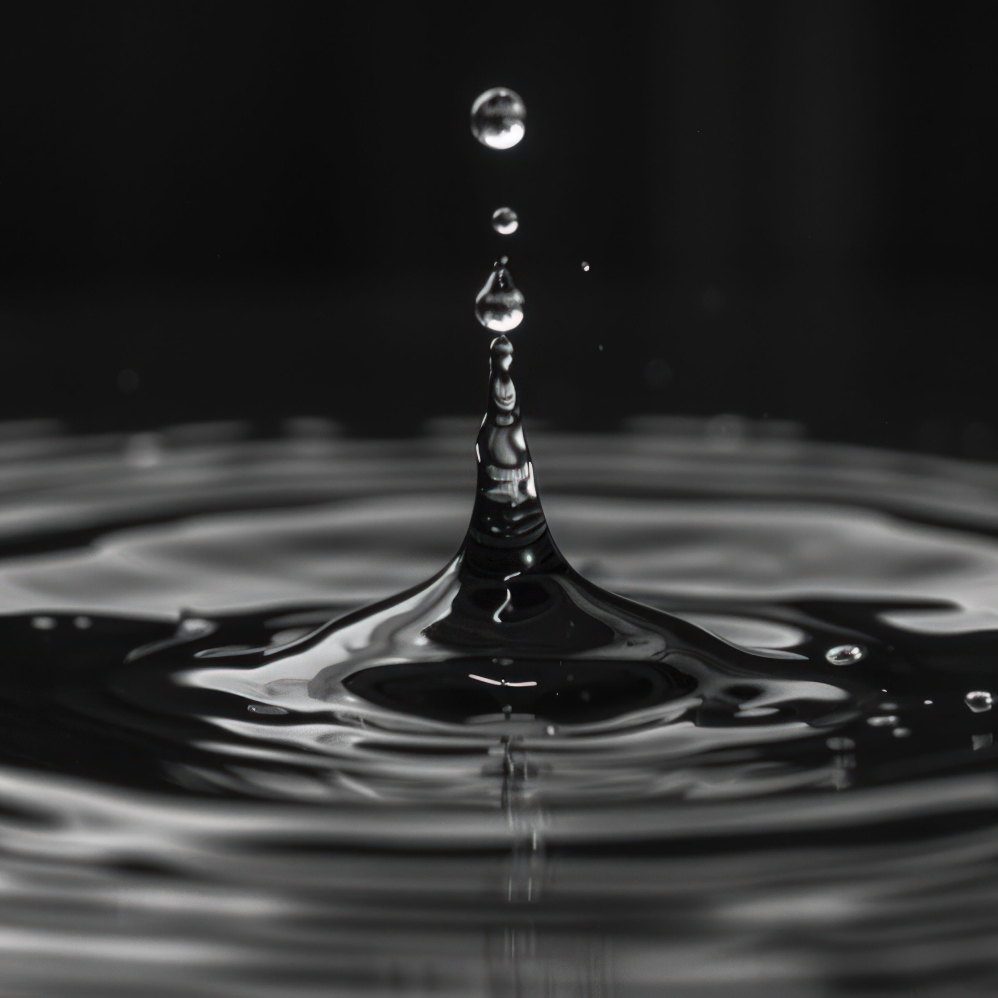 Photographie macro en noir et blanc d'une goutte de spiritueux limpide créant des ondulations et des cercles à la surface d'un liquide pur - Sainte Harmonie, Baijiu Français.