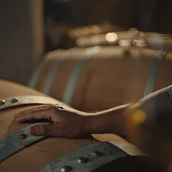 Gros plan sur la main d'un maître de chai posée sur un tonneau en bois en pleine vérification des fûts dans la pénombre d'une cave de vieillissement - Sainte Harmonie, Baijiu Français.