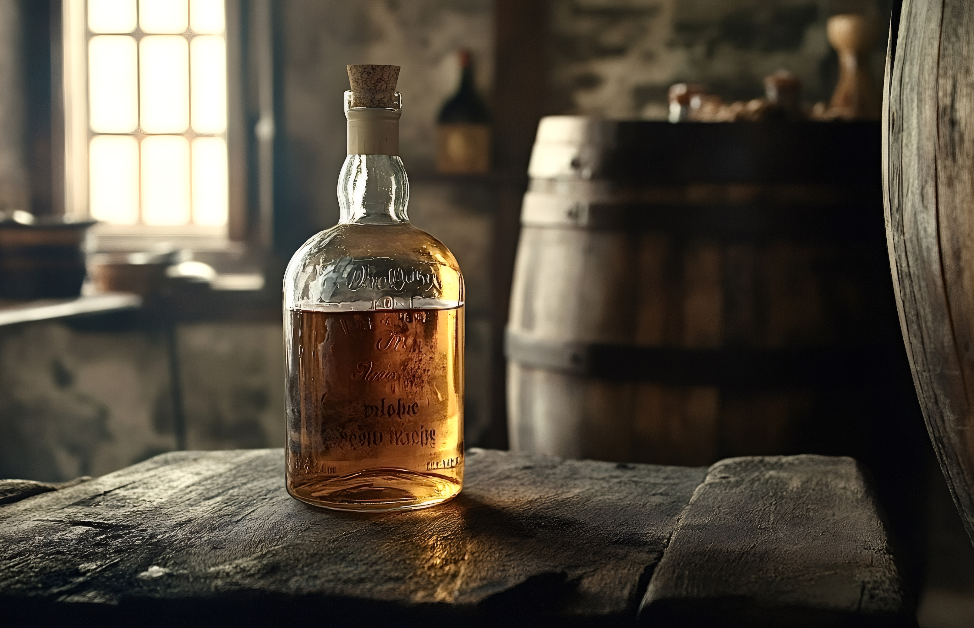Bouteille en verre ambré avec un bouchon en liège posée sur une table en bois rustique au cœur d'une distillerie traditionnelle avec des tonneaux - Sainte Harmonie, Baijiu Français.