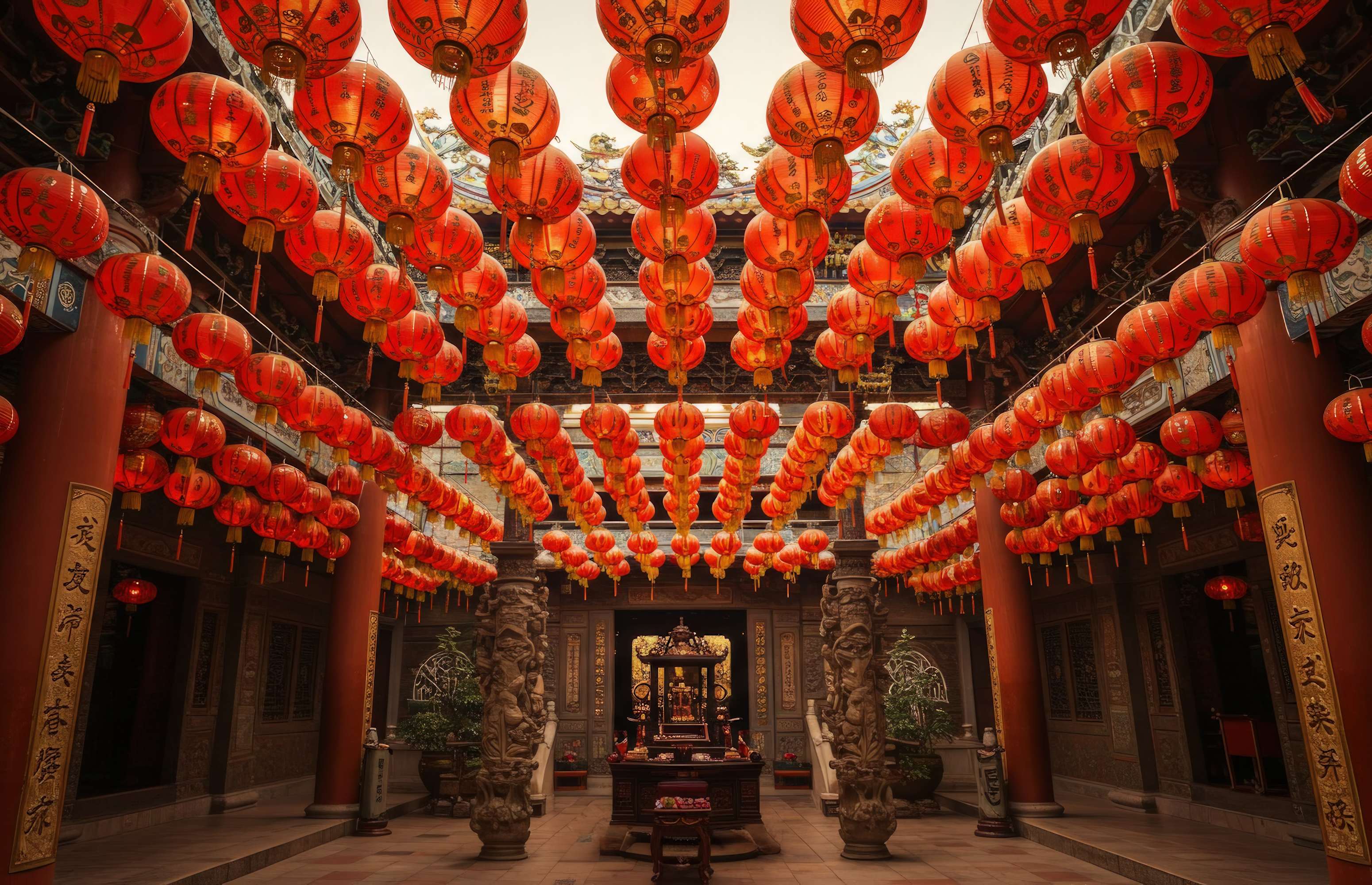 Cour intérieure d'un temple chinois traditionnel ornée de nombreuses lanternes rouges suspendues au plafond - Sainte Harmonie, Baijiu Français.