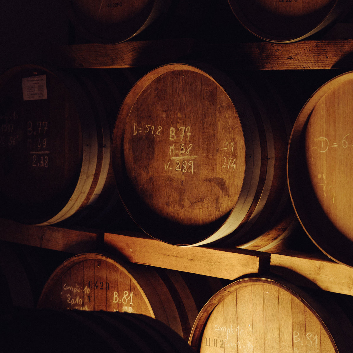 Alignement de fûts en bois empilés dans le chai de Sainte Harmonie aux tons chaleureux - Sainte Harmonie, Baijiu Français.