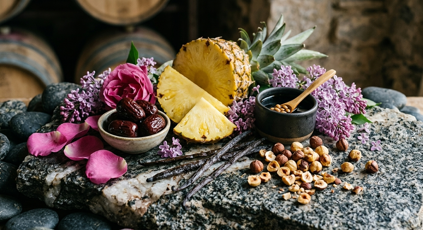 Composition artistique mettant en scène le profil aromatique du spiritueux avec des morceaux d'ananas frais, des gousses de vanille, des noisettes, des dattes et des fleurs de lilas disposés sur une pierre brute dans une cave - Sainte Harmonie, Baijiu Français.