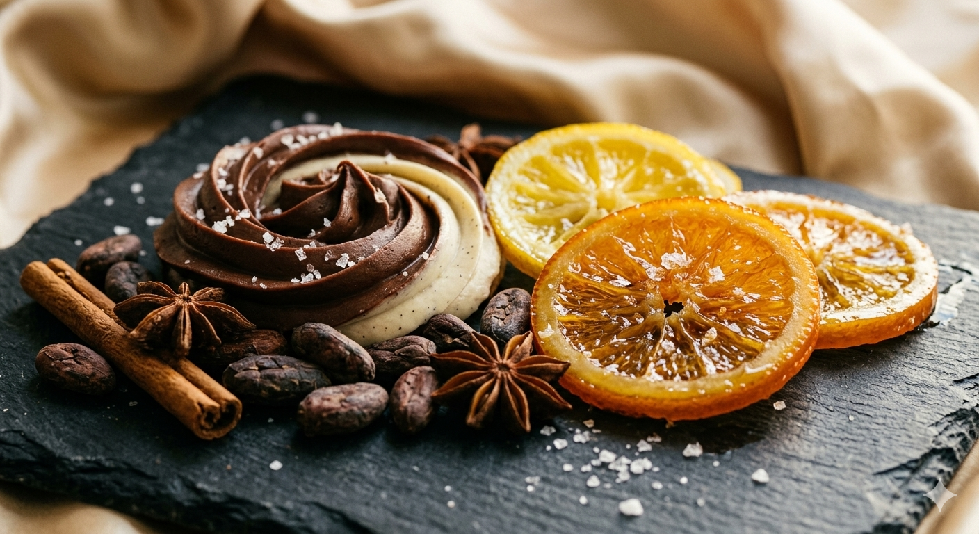 Composition gourmande d'un accord gastronomique sur une ardoise noire, présentant une rosace de chocolat bicolore saupoudrée de sel, des tranches d'oranges confites, des fèves de cacao, des bâtons de cannelle et de la badiane - Sainte Harmonie, Baijiu Français.