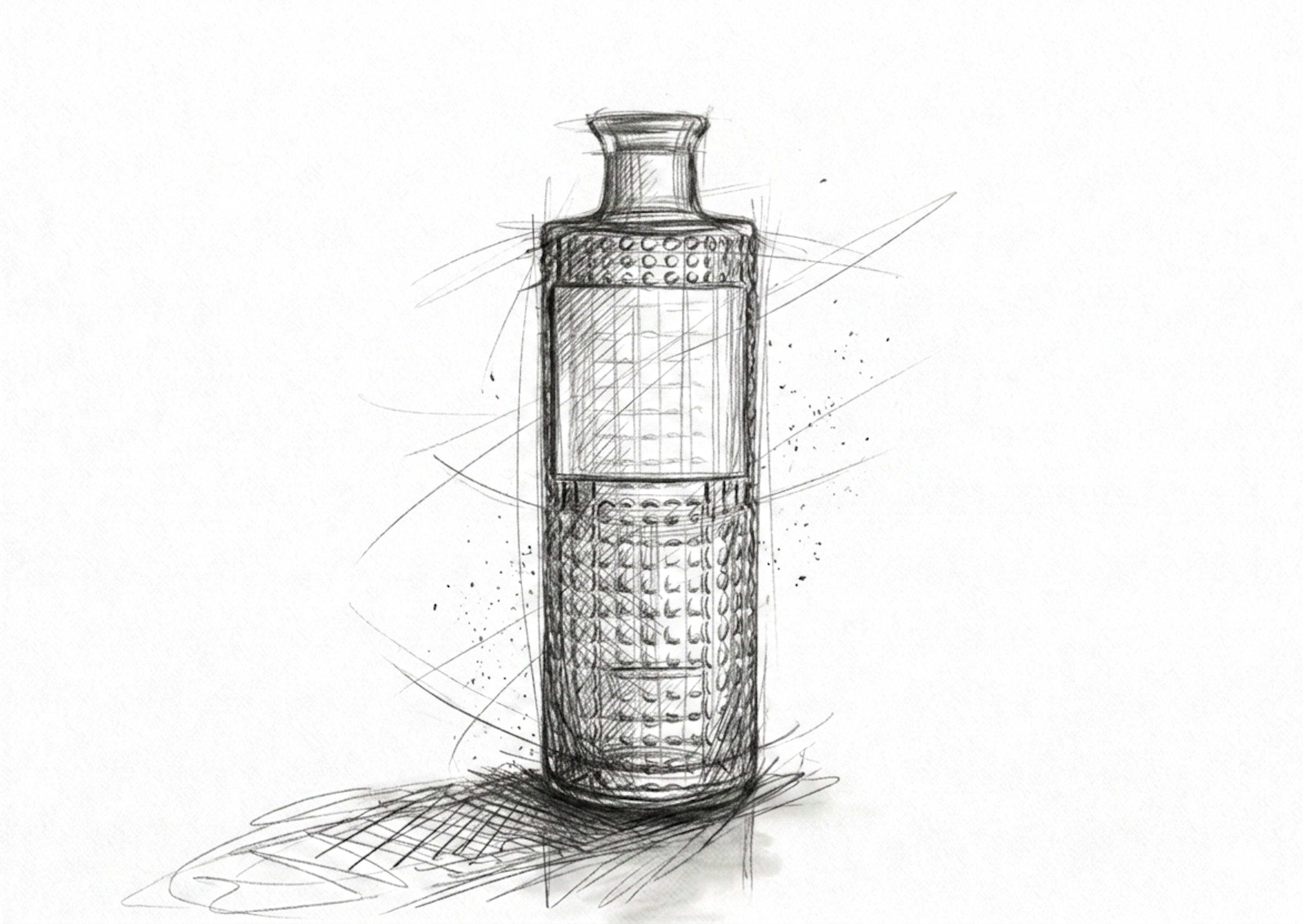 Croquis technique au crayon noir et blanc montrant l'esquisse initiale et les recherches de relief pour le flacon en verre ciselé - Sainte Harmonie, Baijiu Français.