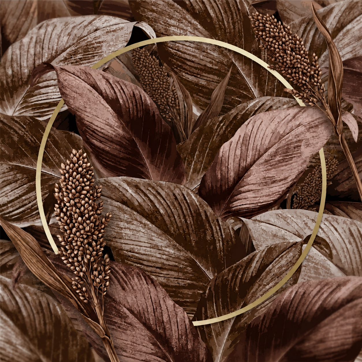 Illustration artistique dans les tons marron et sépia représentant un lit de feuilles denses et des épis de sorgho, encadrés par un fin cercle doré élégant - Sainte Harmonie, Baijiu Français.