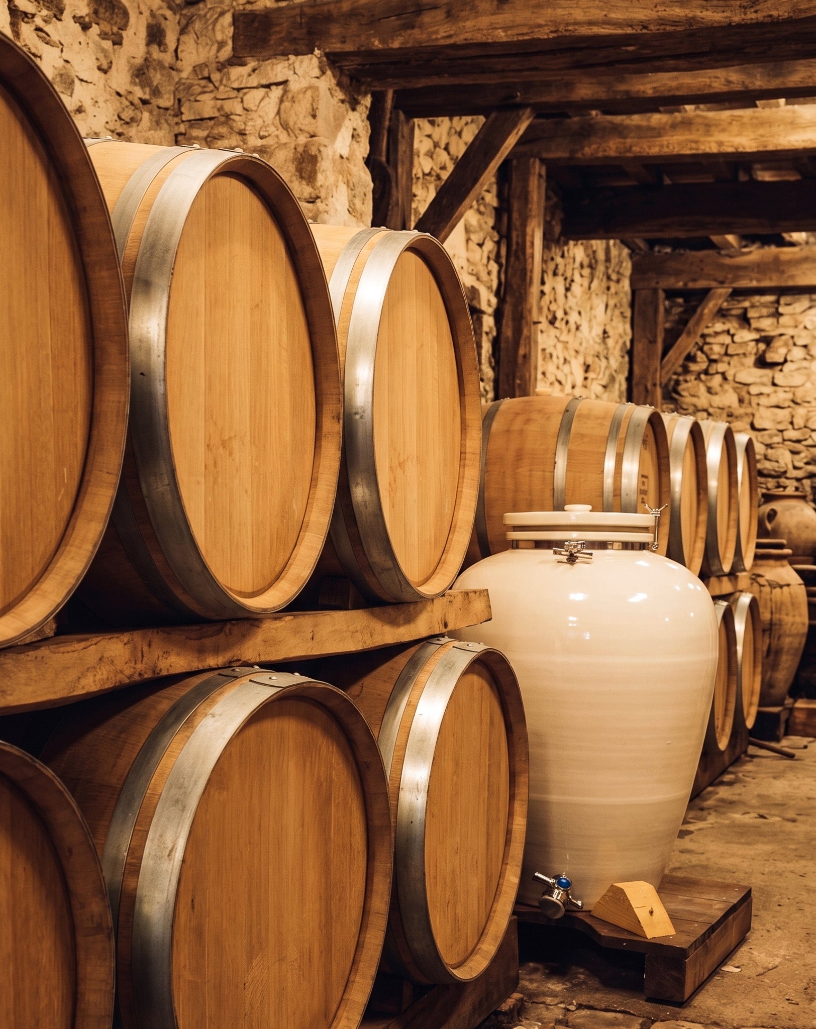 Grande jarre en porcelaine blanche vernie stockée aux côtés de tonneaux en bois pour le vieillissement du spiritueux dans une cave traditionnelle en pierre - Sainte Harmonie, Baijiu Français.