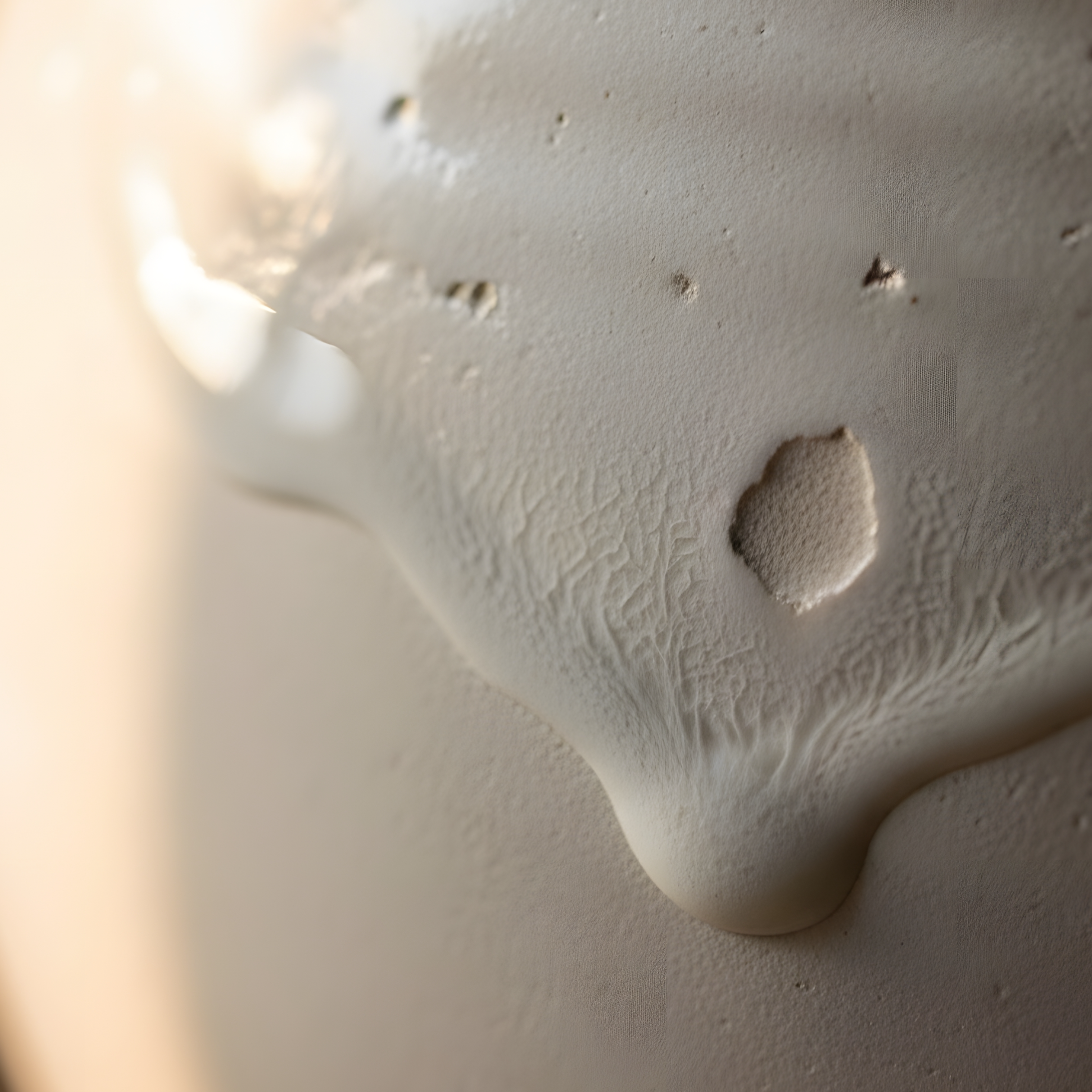 Gros plan sur la texture d'une jarre en porcelaine utilisée pour le vieillissement et la maturation du spiritueux - Sainte Harmonie, Baijiu Français.