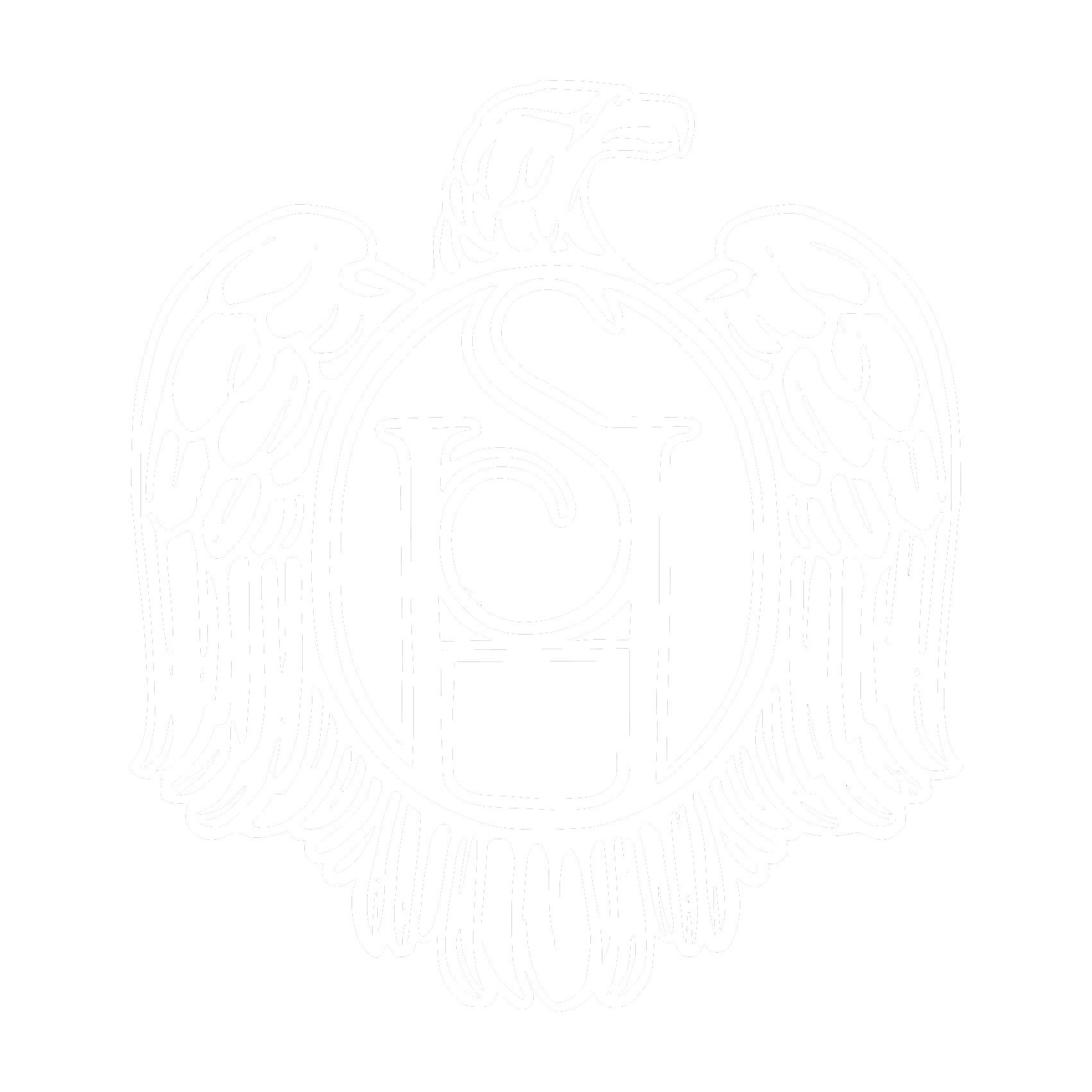Logo de la marque Sainte Harmonie représentant un aigle héraldique stylisé en blanc, arborant en son centre un blason ovale avec le monogramme SH entrelacé - Baijiu Français.