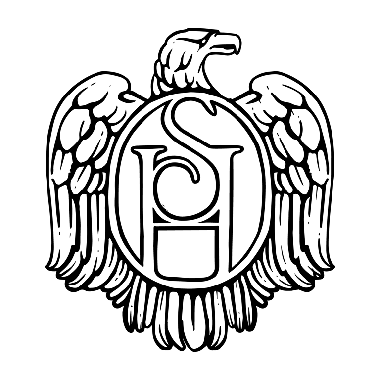 Logo de la marque Sainte Harmonie représentant un aigle héraldique stylisé en noir et blanc, arborant en son centre un blason ovale avec le monogramme SH entrelacé - Baijiu Français.