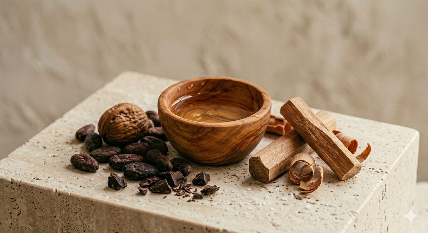 Composition épurée sur un bloc de travertin mettant en valeur les notes boisées du spiritueux avec un bol en bois d'olivier rempli de liqueur ambrée, entouré de bâtons de cannelle, de fèves de cacao, d'éclats de chocolat noir et d'une noix entière - Sainte Harmonie, Baijiu Français.