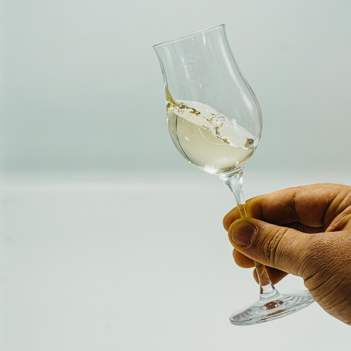 Main tenant un verre de dégustation tulipe en plein mouvement pour apprécier la robe et les arômes d'un spiritueux blanc - Sainte Harmonie, Baijiu Français.